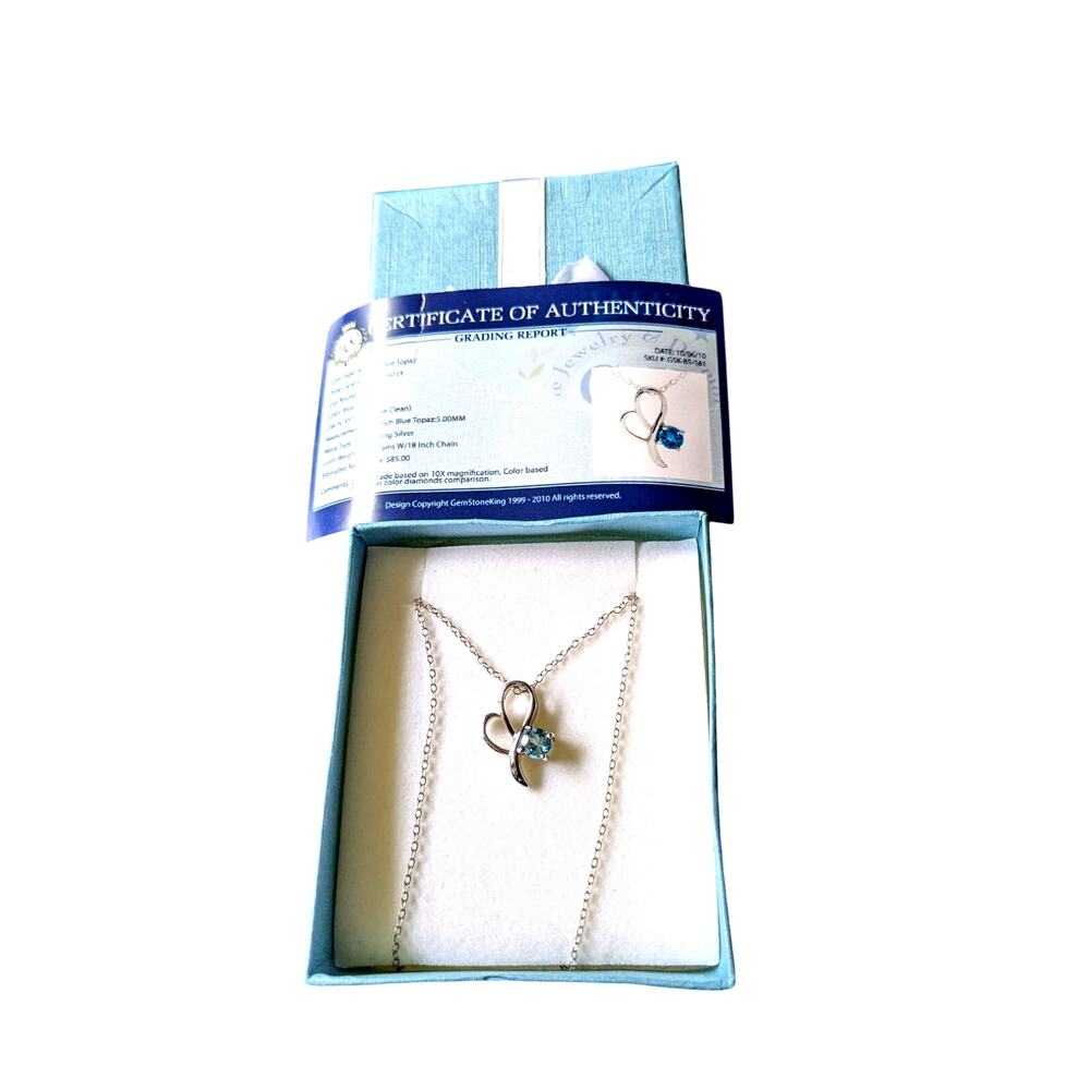 NIB Authentic Gem King Jewelry 925 Sterling Silver Blue Topaz 18" Necklace